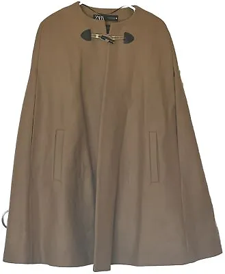 ZARA Women XS Camel Brown Italian MANTECO Wool CAPE Poncho Coat Jacket Toggle • $88