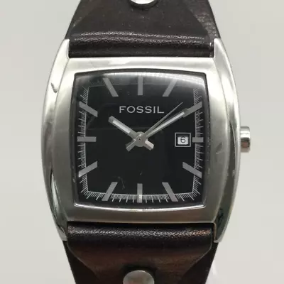 Fossil Watch Unisex 33mm Silver Tone Date Square Wide Leather Band New Battery • $31.49