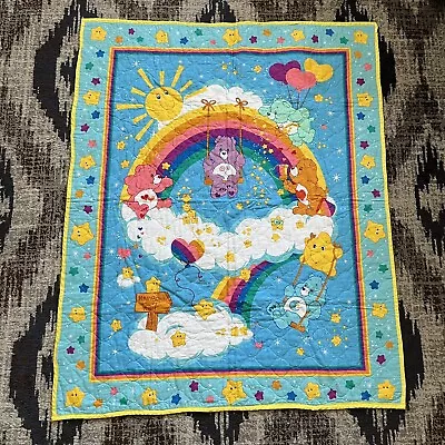 Vintage Care Bears Baby Blanket Crib Quilt Rainbow Trail Yellow Trim • $19.95