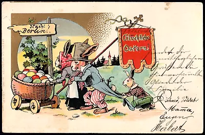 Easter Fantasy Humanized Rabbit Pushing Carriage Colored Eggs Mailed 1902 Antiq • $6.99