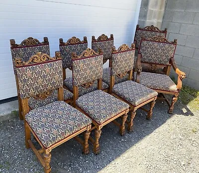 Set Of 8 Carved R. J. Horner Oak Griffin Dining Chairs • $6250