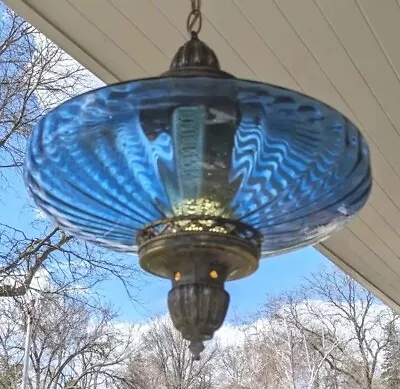 Vintage Mid Century Sky Blue Optic UFO Saucer Glass Hanging Swag Lamp Retro 1970 • $299.99