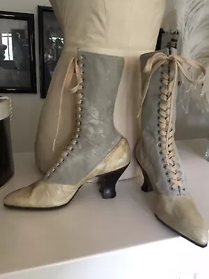 Vintage Victorian Edwardian Lace Up Boots Fabric Upper Leather Low Chamois/Grey! • $120