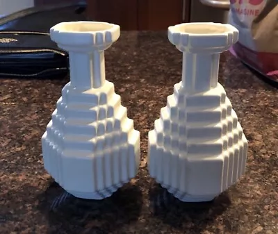 Pair Of  White Ceramic  Art Deco Style Mosaic Vases Pristine 6 .5 Inches • $29.99