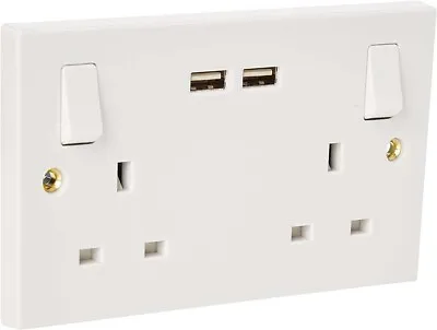 Double Wall Plug Socket 2 Gang 13A W/ 2 Charger USB Ports Outlets Flat Plate UK • £14.99