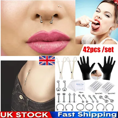 Tongue Eyebrow Nose Belly Professiona Body Piercing Tool Needle Kit Body Jewelry • £6.99