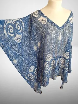 Jennifer Lopez Poncho Sheer Poly Top Blue Sequined Swirl Boho Flowy L/LARGE  • $24