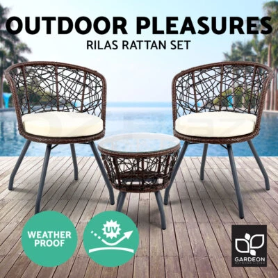 Gardeon Outdoor Furniture Rattan Bistro Set 3pcs Chair Table Patio Garden Wicker • $255.95