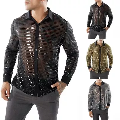 Men's Sparkle Shirts Party Dance Retro Sequined Tops 70's Disco Nightclub Shirt • £12.66