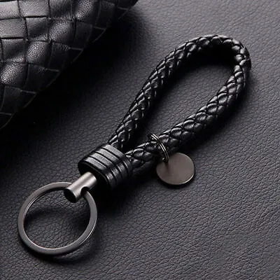 1x Car Keychain PU Leather Rope Strap Weave Keyring Key Ring Chain Key Black • $5.15