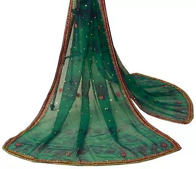 Sushila Vintage Green Dupatta Pure Chiffon SIlk Tie-Dye Sequins Work Long Stole • $26.99