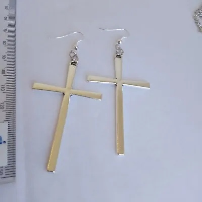 £2.99 • Buy Large Cross Earrings Silver Tone Shiny Big Biker Goth Religious Faith Bohemian