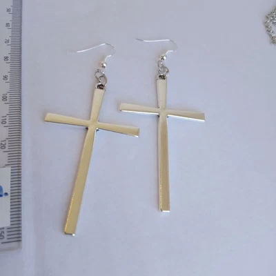 £2.99 • Buy Large Cross Earrings Silver Tone Shiny Big Biker Goth Religious Faith Bohemian