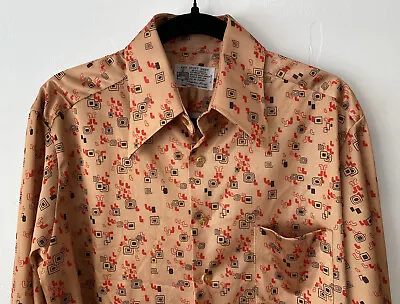 VTG 70s Kmart Knit Sport Gold Abstract Disco Shirt SZ L Saturday Night Fever • $93.92