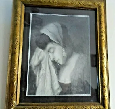 Vintage Charcoal Drawing Of Young Girl ''tears'' Framed Underglass Signed  • $74.99