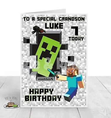 Personalised MINECRAFT Birthday Card - Son Grandson ANY Name Age & Relation  • £2.60