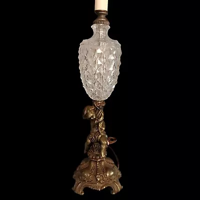 Hollywood Regency Cherub Table Lamp Glass Brass Vintage • $70