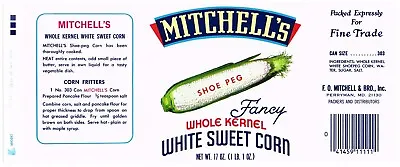 Original Vintage Tin Can Label 1970s Mitchells Perryman Maryland White Corn • $4.95