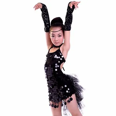 Girl Child Kids Ballet Dance Latin Jazz Tutu Costume Party Black Sequins Dress  • $45