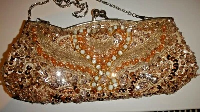 £25 • Buy Leko London Pretty Gold Full Beaded Evening Bag, Vintage Look