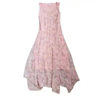 Vintage 90s Sheer Asymetric Hem Sleeveless Dress Floral Pink Size Large Flaws • $21