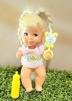 MATTEL BABY KRISSY BLONDE PIGTAILS W/ PINK BEAR&BUNNY SHIRT RATTLE & BOTTLE ~EUC • $11.50