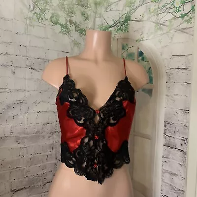 Vintage Victoria's Secret Gold Label Camisole SZ Small Red Black Lace Trim Satin • $32.39