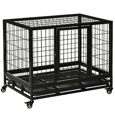 PawHut Metal Kennel Cage With Wheels And Crate Tray For Pet Dog Medium Black • £78.99