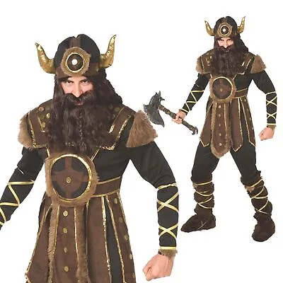 Mens Viking Warrior Fancy Dress Costume Incl Helmet Nordic Barbarian Outfit • $44.95