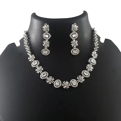 Silver Plated Neckles Set Cz Jewelry Indian Bollywood Bridal Party Wedding Women • $27.51