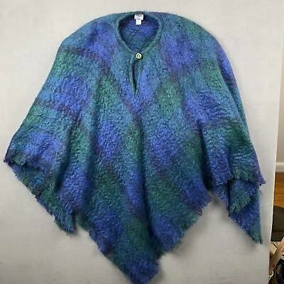 Vintage Donegal Design Mohair Wool Poncho Cape Handcrafted Ireland Purple Blue • $112