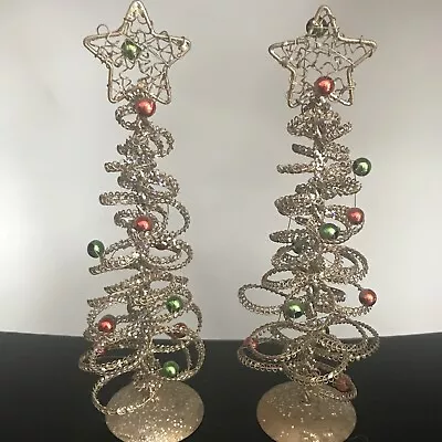 2 Htf Vintage Glitter Wire Metal Swirl Table Top Christmas Tree Gold W Star Mcm • $19.99