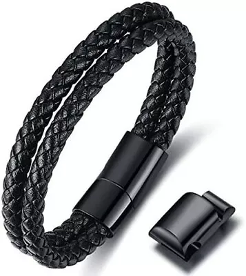 Premium Genuine Leather Bracelet For Men Magnetic Stainless Steel Clasp Black • £26.99