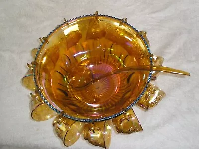 Carnival Glass Punch Bowl Marigold Harvest Grape Complete Set • $375