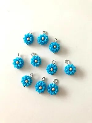 Pack Of 10 Blue Mini Resin Flower Charms Beads Embellishments With Metal Hoops • £3.50