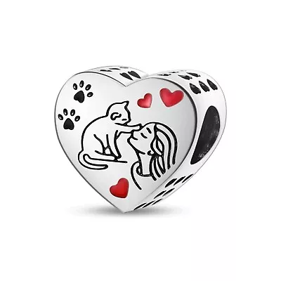 S925 Sterling Silver Cat Paw Pint In Your Heart Charm For Bracelets • £7.96