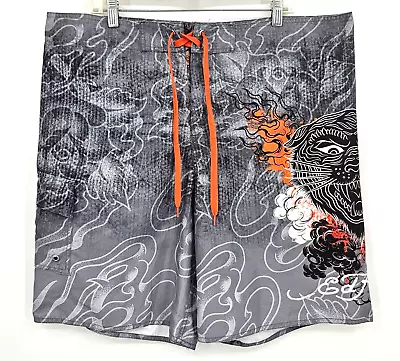 Ed Hardy Tiger Flames Surf Or Die Swim Board Shorts Size XL Gray DS0897 • $19.99