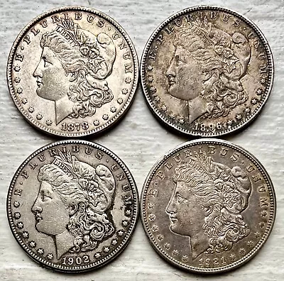 1878 7tf 1896-o 1902-o 1921-d Lot Of 4 Morgan Silver Dollars Circ Vg-f Cond. • $0.99