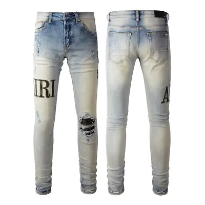 Men's Stretch Skinny Jeans With Distressed Details Camo Leather Appliqué & Patch • $58.15