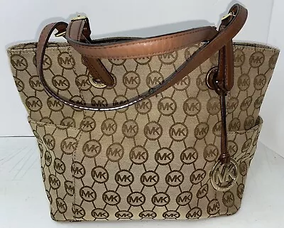 Michael Kors Womens Large Shoulder Strap Monogram Tote Brown W/Pockets 15”x10x5” • $42