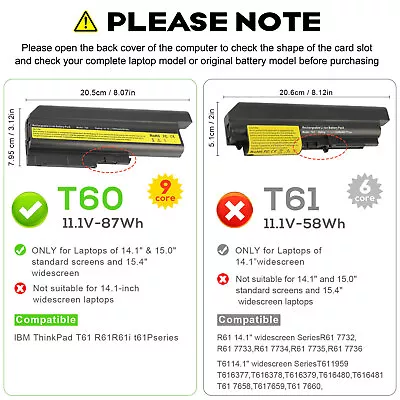 85Wh Battery For IBM Lenovo ThinkPad T61 T61p R61 R61i R61e R60e R60 ASM 92P1140 • $23.99