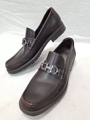 COA Salvatore Ferragamo Men's MASTER Brown Leather Silver HorseBit Loafers Size8 • $225