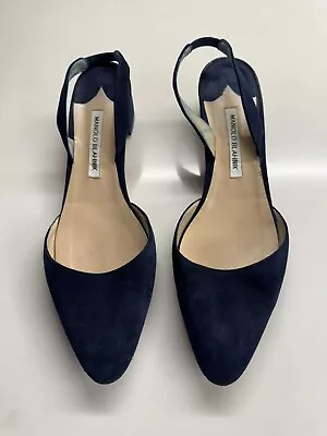 Manolo Blahnik Navy Suede Aspro Slingback With Block Heel. Size 11 US 41 EU • $195