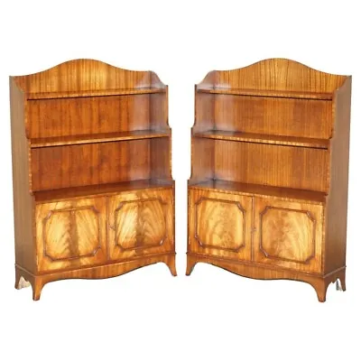 Stunning Pair Of Flamed Mahogany Dwarf Waterfall Open Library Bookcases Cupboard • $3421.69
