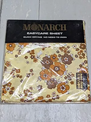 NOS Vintage 1970s Monarch Easy Care Bed Sheet Brown Yellow 70  X 100  Flower • $29.60