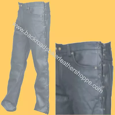 Mens Leather Jeans Pants Biker Motorcycle Side Laces • $167.99