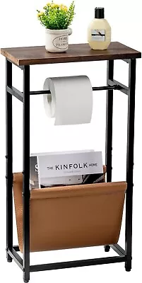 Freestanding Brown Wood And Black Metal Bathroom Rack W/ Magazine Storage Sling • $54.99