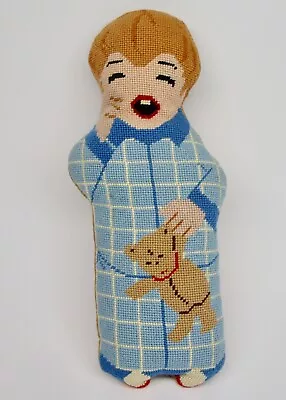 Needlepoint Doll Ready For Bed Yawning Child 14  Stuffed Vintage Pillow Teddy • $24.99