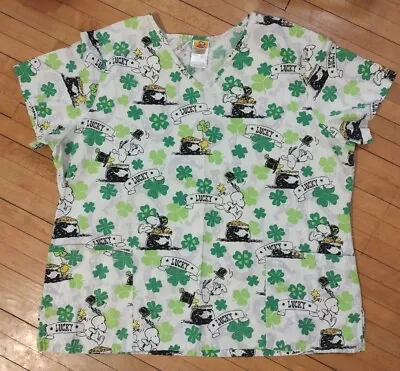Peanuts Snoopy Woodstock Size Extra Large XL Scrub Top  Clover St. Patrick’s Day • $22.95