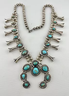 Vtg Navajo Sterling Silver Royston Turquoise Squash Blossom Necklace 148g -26.5  • $1095